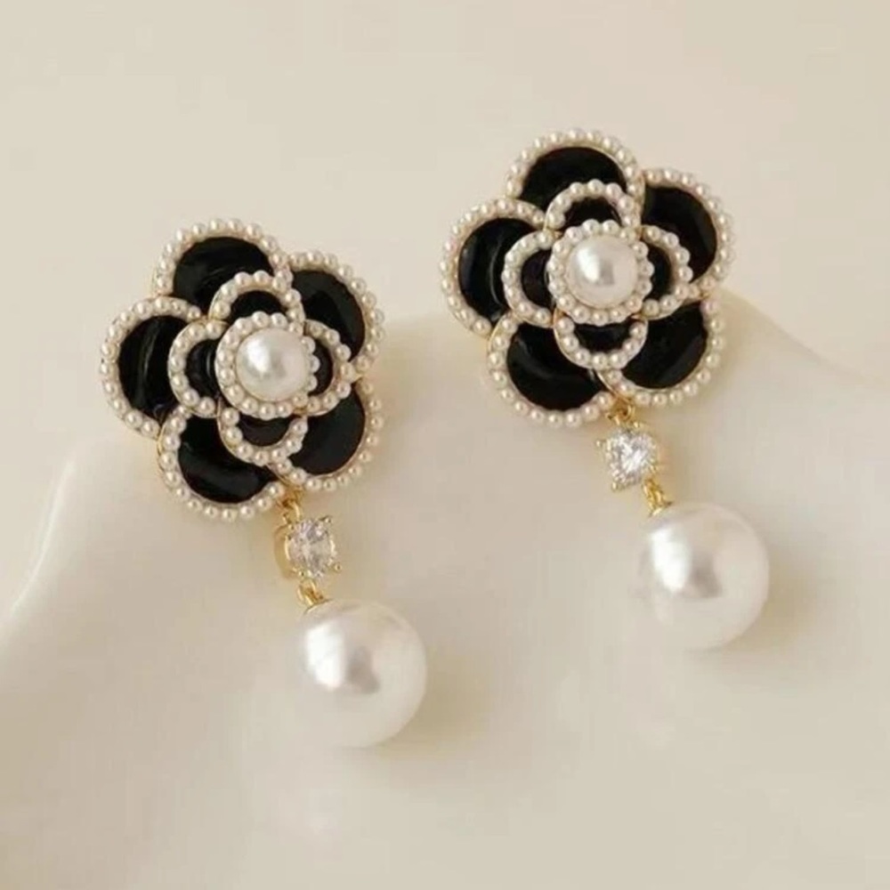 Black Camellia Rose Flower Vintage Water Drop Pearl Inspired Dangle Earrings